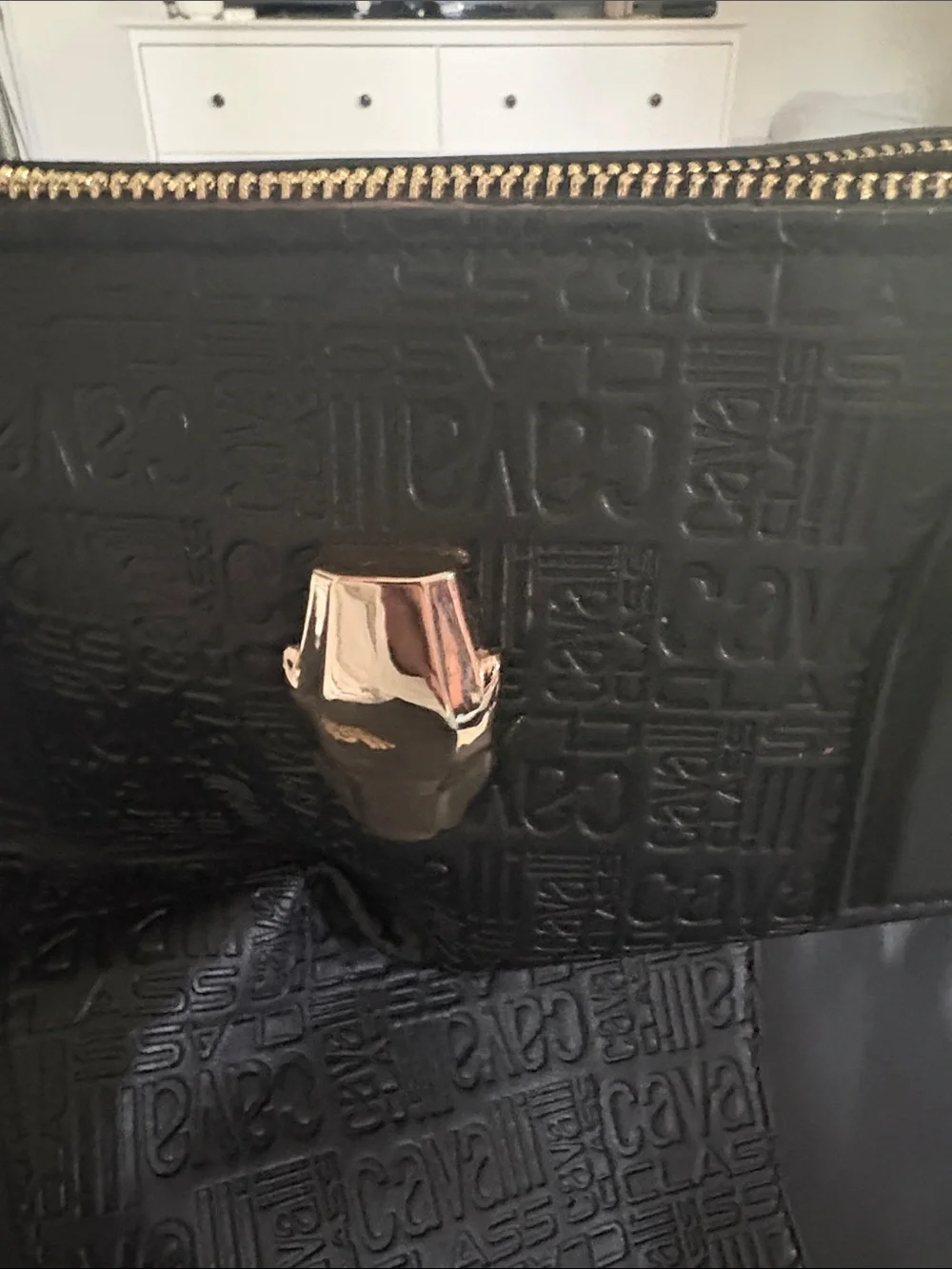 Roberto Cavalli Black Women's Tote Bag with Embossed Logo and Gold Hardware